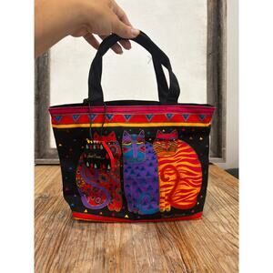 Laurel Burch Cats Tote Bag Colorful Canvas Cat Purse w/ Charm Zipper Top